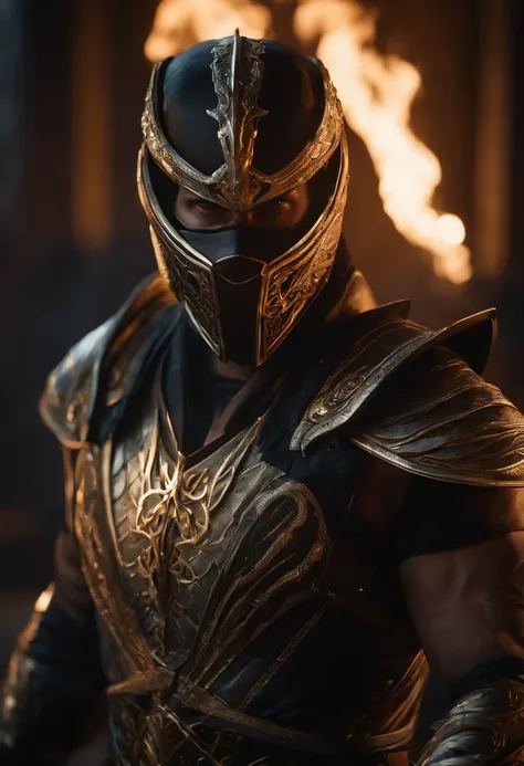 A cinematic marvel: Mortal Kombats Scorpio Emerges in Ultra Hyper-Realistic Glory in Unreal Engine 5, adornado em um resplandecente traje moderno real que brilha com intrincados fios dourados e tecidos texturizados luxuosos. Seus olhos brilham como fogo, c...