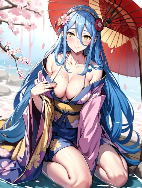 1girl, highres, masterpiece, solo, anime, absurdres, yellow eyes, azura (fire emblem), wariza, kimono, japanese clothes, oil-paper umbrella, sakura forest background, cherry blossoms,  slipping kimono, bare shoulders, revealing clothes, cleavage, facing vi...