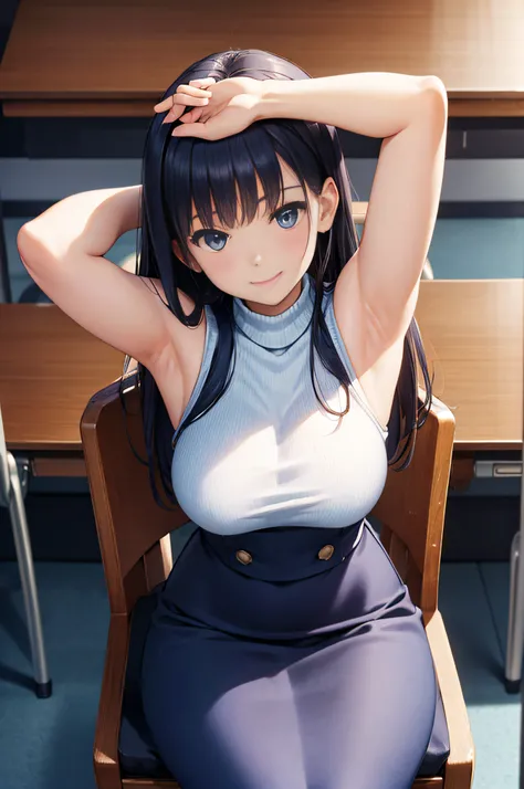 (High quality, High resolution, Fine details, Realistic)、Dark Blue Sleeveless Knit、pencil skirts、  20 years old, governess、‎Classroom、sit a chair、Smile、Stretch your hands above your head、medium udder、Raise your arms above your head