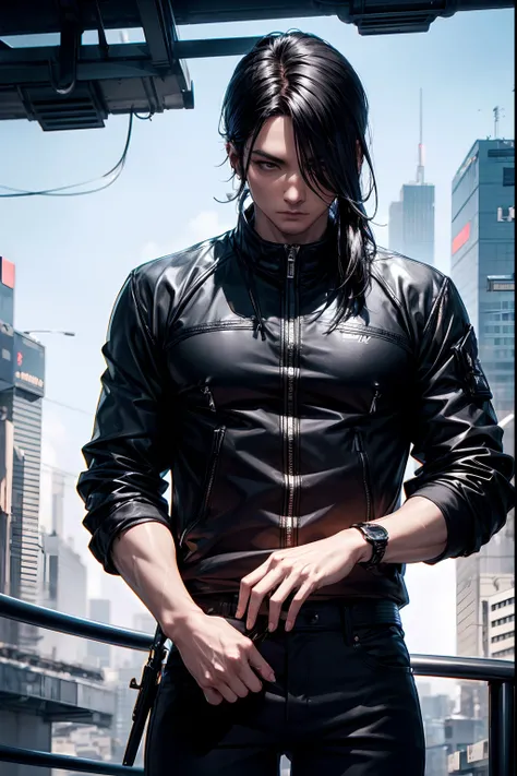 Cool Assassin, One guy、Black pants、Strong body、Cyberpunk cityscape、Dynamism、8K、Detailed picture、realisitic、Astringent atmosphere、gentleman、Stylish assassin