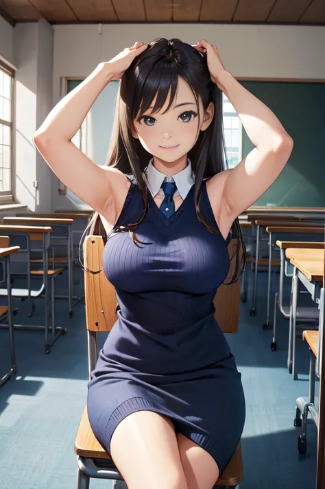 (High quality, High resolution, Fine details, Realistic)、Dark Blue Sleeveless Knit、pencil skirts、  20 years old, governess、‎Classroom、sit a chair、Smile、Stretch your hands above your head、medium udder、Raise your arms above your head