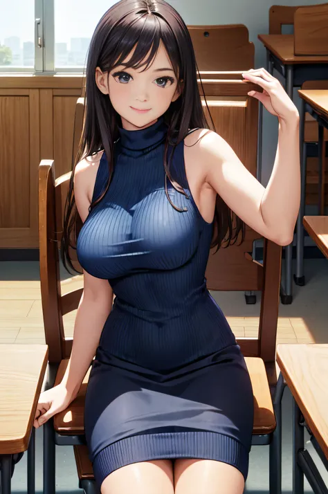 (High quality, High resolution, Fine details, Realistic)、Dark Blue Sleeveless Knit、pencil skirts、  20 years old, governess、‎Classroom、sit a chair、Smile、Stretch your hands above your head、medium udder、Raise your arms above your head