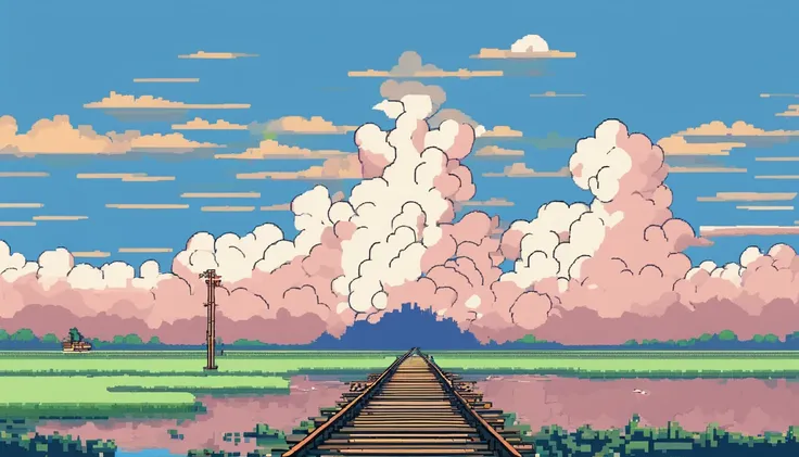 The lake and the sky are separated by a straight railway track。The lake is calm，Dark white clouds floating in the blue sky(Dynamic) (in style of hayao miyazaki)(idyllic) (comic strip)