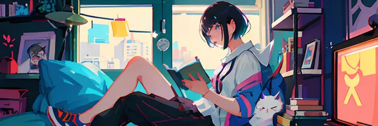 Anime man reading a book in a room with a cat, Art styles : Ilya Kuvshinov, ilya kuvshinov landscape, digital art ilya kuvshinov, by Yuumei, artwork in the style of guweiz, Ilya Kuvshinov. 4 k, ilya kuvshinov style, ( Ilya Kuvshinov )