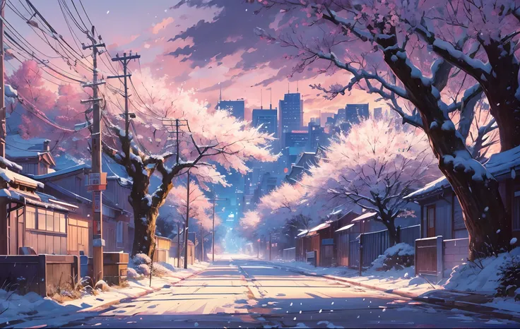 masterpiece, concept art, wide shot, panoramic, a street at night with a bridge in the distance, (winter), snowy, a detailed matte painting, by Makoto Shinkai, widescreen shot, driveway, sakura trees-lined path, miyazakis animated film, endless night, saku...