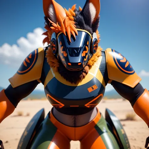 Protogen, military,military grade ceramic armor, headshot,front focus, color naranja,navy pattern decals,heavy combat