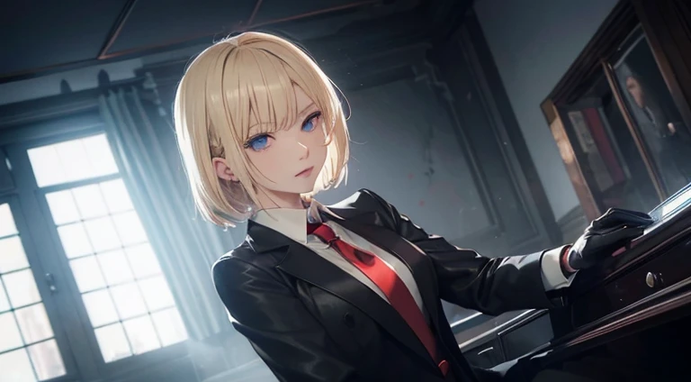 a 25yo woman(hit man)、Blonde Shorthair、Her eyes are blue and beautiful、Black business suit(red necktie、Buttons are not)、Black leather gloves、Lair of Darkness、Cinematic lighting、Crime scene、Detailed details、Parts of the gun on the desk、Female Solo