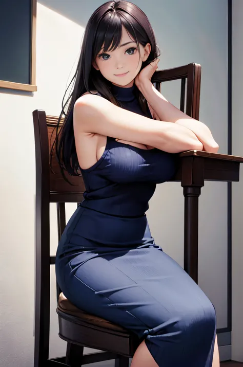 (High quality, High resolution, Fine details, Realistic)、Dark Blue Sleeveless Knit、pencil skirts、  20 years old, governess、‎Classroom、sit a chair、Smile、Stretch your hands above your head、medium udder、Raise your arms above your head