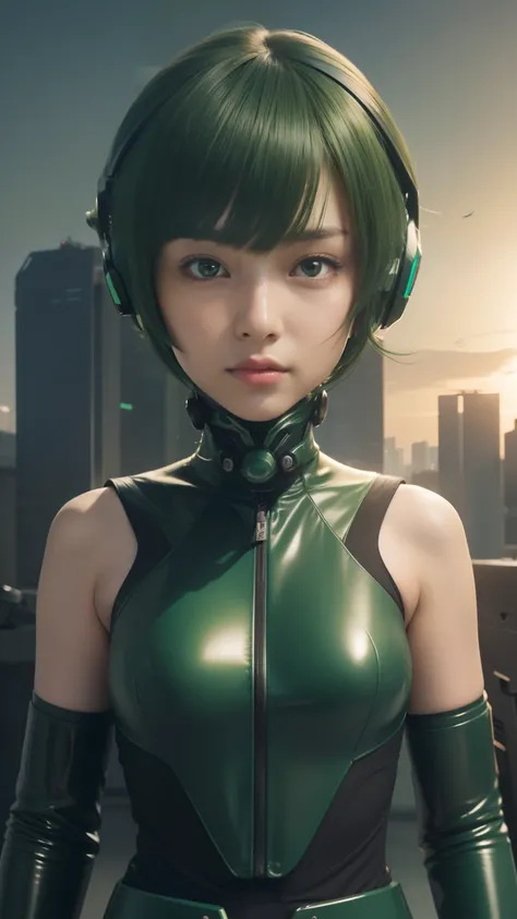 Highest image quality, outstanding details, ultra-high resolution, (realism: 1.4), the best illustration, favor details, highly condensed 1girl, with a delicate and beautiful face, dressed in a black and green mecha, wearing a mecha helmet, holding a direc...