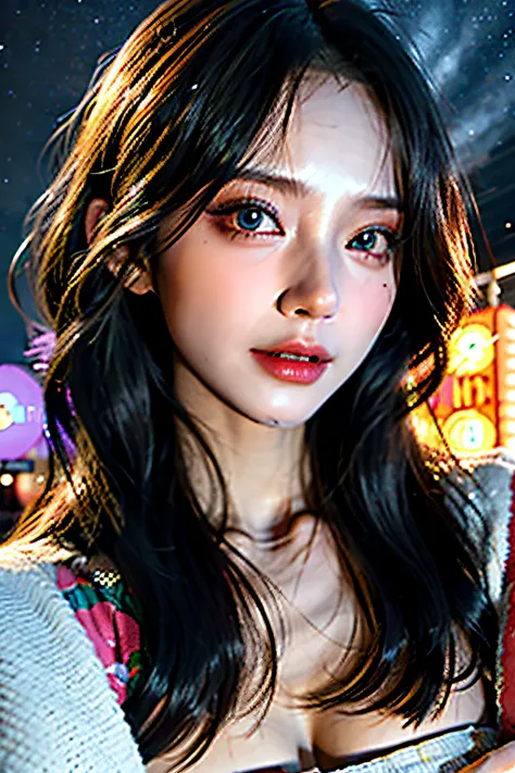 (​masterpiece), top-quality, 超A high resolution, a closeup, Slim body, 1girl in, Autumn clothes, length hair, laugh, natta, Outer space background, Colorful lights, photon maping, Radio City, physically-based renderingt, lighting like a movie, Its complica...