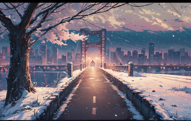 masterpiece, concept art, wide shot, panoramic, (a wall street full of graffiti at night with a bridge in the distance), (winter...