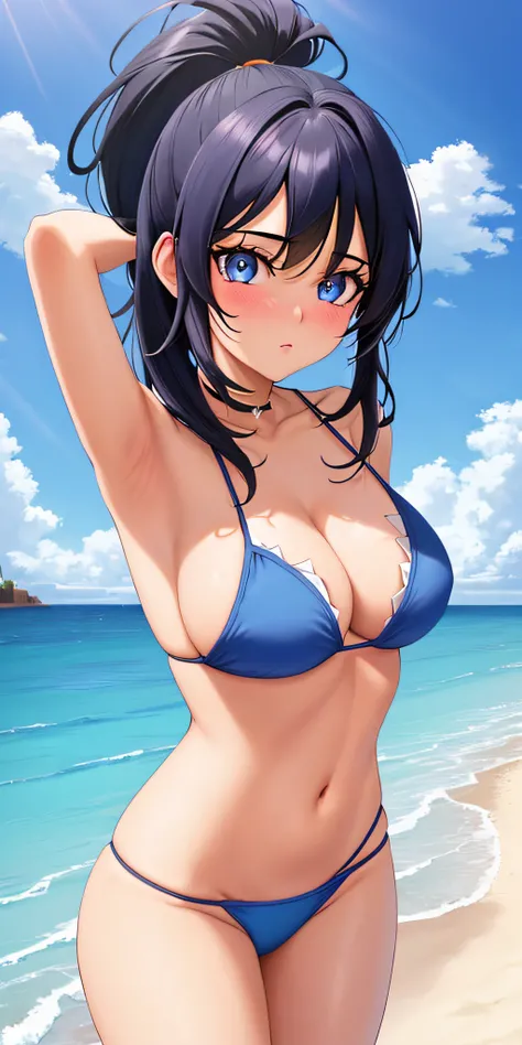 professional: step by step, final result god level: "Videl, solo 1girl, cowboy shot, full body, cute symmetrical face, realistic woman, Highly Detailed, Masterpiece, Best Quality, spiked hair, Looking at viewer, blue eyes, 15% dark blue mini bikini, Beach,...