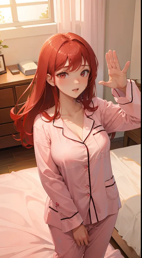 masterpiece, best quality, finely detailed, high resolution, Extremely delicate and beautiful, A girl, red hair, (huge breasts), narrow waist, (pink pajamas), (bedroom), (Waving: 1.2), red eyes, Hair long, Even breasts, Even breasts,