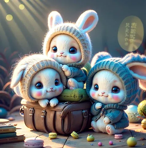 Cute chibi rabbit, shaggy！Macaron color scheme！childrens storybook！Forest background, Rabbit, tchibi, The head has antlers！by Pixar！Dressed in sky blue！Big blue eyes！A pair of small wings！Cute Humpty Bunny,！soft！warm