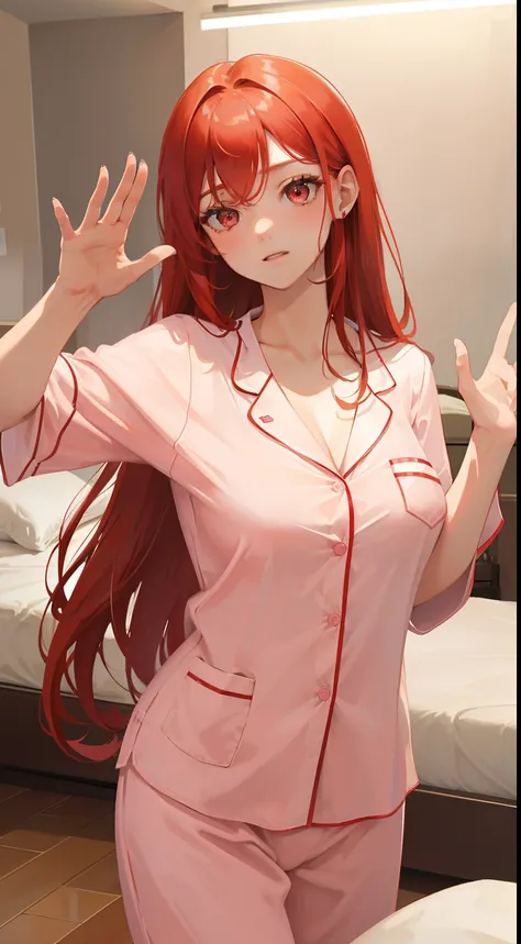 masterpiece, best quality, finely detailed, high resolution, Extremely delicate and beautiful, A girl, red hair, (huge breasts), narrow waist, (pink pajamas), (bedroom), (Waving: 1.2), red eyes, Hair long, Even breasts, Even breasts,