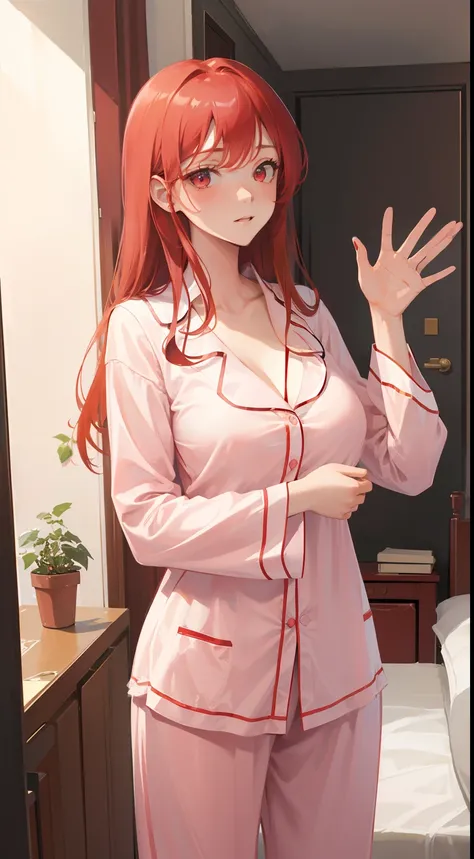 masterpiece, best quality, finely detailed, high resolution, Extremely delicate and beautiful, A girl, red hair, (huge breasts), narrow waist, (pink pajamas), (bedroom), (Waving: 1.2), red eyes, Hair long, Even breasts, Even breasts,