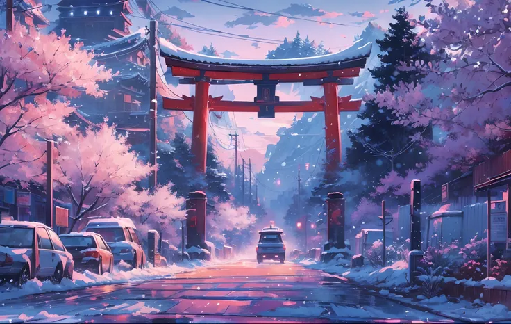 masterpiece, concept art, wide shot, panoramic, (a street full of graffiti at night with a torii gate in the distance), (winter), snowy, a detailed matte painting, by Makoto Shinkai, widescreen shot, driveway, sakura trees-lined path, miyazakis animated fi...