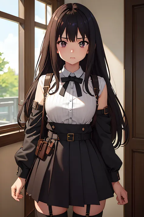 ​masterpiece、flat-colors、depth of fields、lens flare 1 girl、、Brown hair、watching at viewers　　　black suspenders　　　large full breasts　　　 　 Armpit sweat　perspiring　Side of both hands　　walls: 　Black miniskirt　garters　　　　　　Gaze　　　Small face　Bangs Upper Eyes　flan...