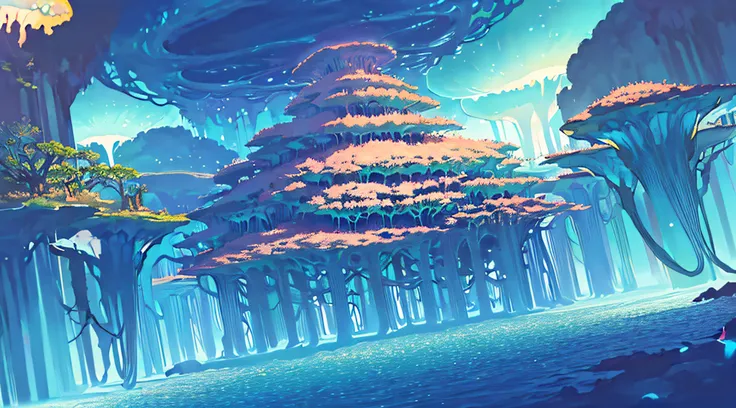 Masterpiece, High Quality, Ocean Forest, City, Fantastic Fantasy, Glowing Plants, Coral Viaduct, (Swarm of Glowing Jellyfish), (Shoal of Fish with Transparent Wings Flying in the Sky), Misty, Extreme Detail, Morning Light, Epic Composition, (Intricate Deta...