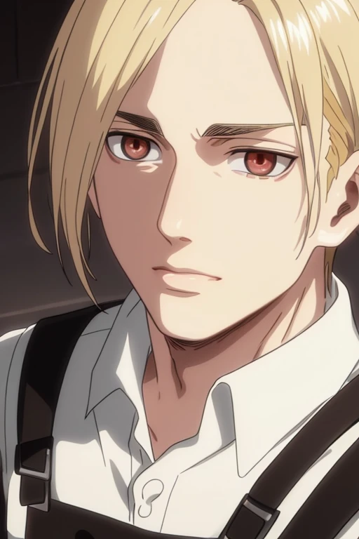 1boy, solo, masterpiece, (blonde hair), pale skin, (red eyes), serious expression, wearing white shirt and black overalls, aot style, closeup, beautiful, big round eyes, slight lips, highlights in eyes