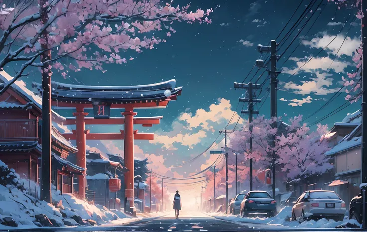 masterpiece, concept art, wide shot, panoramic, (a street full of graffiti at night with a torii gate in the distance), (winter), snowy, a detailed matte painting, by Makoto Shinkai, widescreen shot, driveway, sakura trees-lined path, miyazakis animated fi...