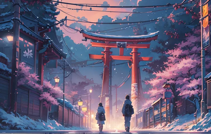 masterpiece, concept art, wide shot, panoramic, (a street full of graffiti at night with a torii gate in the distance), (winter), snowy, a detailed matte painting, by Makoto Shinkai, widescreen shot, driveway, sakura trees-lined path, miyazakis animated fi...