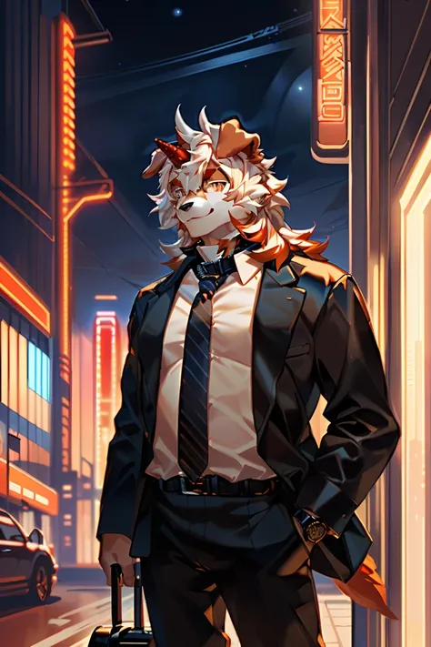 (by Hioshiru, by null-ghost, By personalami, by Honovy, by thebigslick, author：Feinhertz), Male, Solo, domestic dog, horn, floppy ears, clawed paws,  Smile, Neon lights，in an office building，Masterpiece, Best quality, offcial art, Extremely detailed Cg Uni...