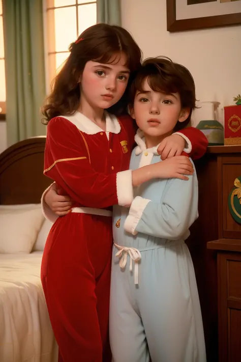 Year: ((1988)). Location: Northern Spain. Pre-raphaelite 13-year-old girl and her little brother, christmas morning, sibling love, pyjammas, hug, ((("OMITB" cinematography))), ((Wes Anderson style))