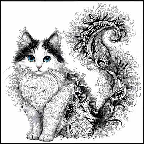 Bobtail Americano Cat, mandalas style kitten, fantasy, magical, mystical, unusual, black and white, One Blue Eye and One Brown Eye ,wavy lines, realistic line art drawing, coloring book page, no noise, sharp middle lines, sketch art, centered image, isolat...