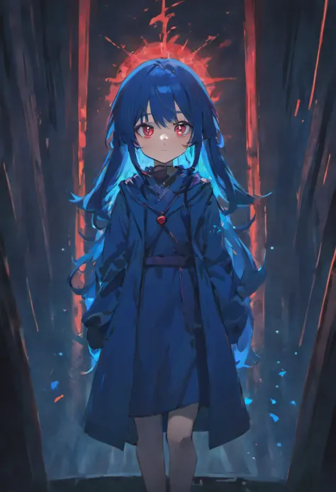 Solo girl, cute, glowing red eyes, deep blue hair, long hair, standing, dark room, best quality, blue fire candle, super detailed, evil smile, anime style, wearing a long coat, red coat, open shirt, (6 years old, youngest)