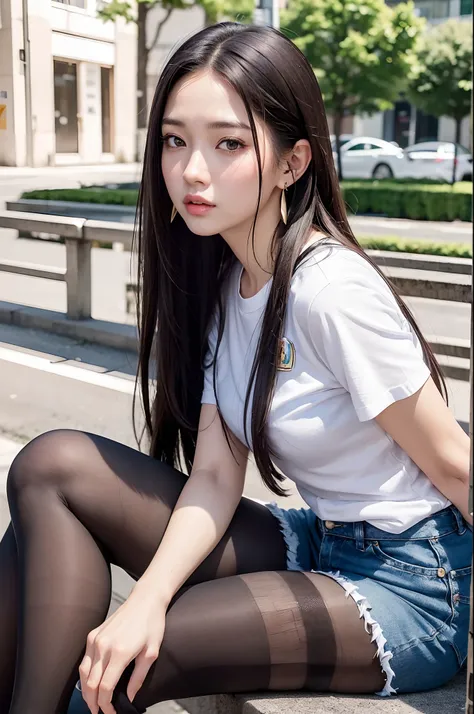 of the highest quality, masutepiece, Ultra high definition, (Real: 1.4), Original photo, (Evening Street), 1 girl, Black eyes, gaze at the audience, Long hair, Light makeup, Lips, small ears, White T-shirt, Denim shorts, (Ultra-realistic pantyhose:1.2), ea...