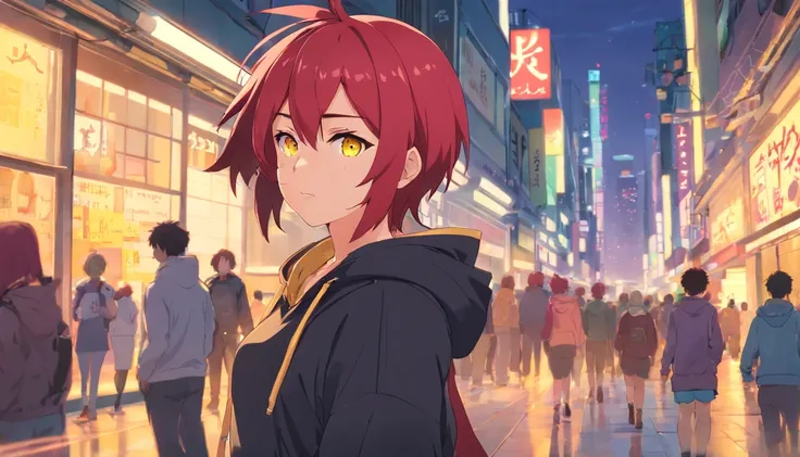 1 male human、Red-haired、Huge ass、black rubber suit、yellow  eyes、short-haired、wide hips、erectionpenis、Mokkori、Red Hoodie、Shota、skunk