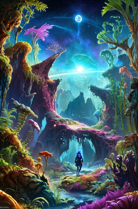 1. Things: Luminous plants, peculiar and diverse creatures, an otherworldly landscape extending, forming an unknown ecosystem. 2. Location: Spread across a planet beyond the Milky Way, an unknown habitat filled with luminous plants and peculiar creatures. ...