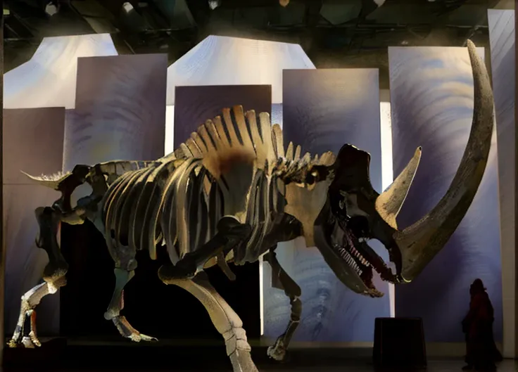 Arafe skeleton of a mammoth on display in a museum exhibit, triceratops, Megafauna, Dinosaur skeleton, On display at the Fossil Museum, Sauroform hybrid, skeleton with extra fleshy bits, Dinosaur bones, video, Whale skeleton, photograph taken in 2 0 2 0, h...