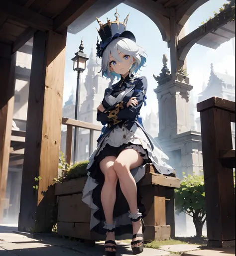 absurdres, highres, ultra detailed, (1girl:1.3),
BREAK
, Design a beautiful temple scene, with intricate architecture, lush gardens,
BREAK
, white hair, short hair, short legs, petite, (detailed eyes:1.4), elegant dress, platform footwear, top hat
BREAK
, ...