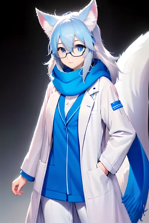 Anime character with arctic fox ears wearing blue lab coat and scarf,Arctic fox with cute blue fur and tail,Wear mid-rimmed glasses,Beauty of arctic fox in lab coat, Cientista da Raposa, desenho peludo profissional，apenas uma cauda