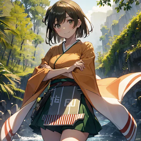 (masterpiece, best quality:1.2), cowboy shot, solo, 1girl, hiryuu, smile, looking at viewer, crossed arms, one side up, japanese clothes, kimono, wide sleeves, hakama short skirt, partially fingerless gloves