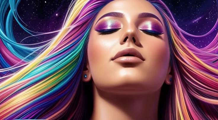 art of alessandro pautasso, jen bartel, vibrant color, digital art, digital painting, fantasy dream, vivid color, 1 beautiful girl close up, colorful long hair, rainbow hair, floating hair, eyes closed, ( look up:1.4).