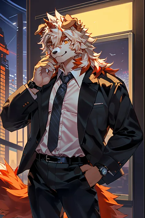 (by Hioshiru, by null-ghost, By personalami, by Honovy, by thebigslick, author：Feinhertz), Male, Solo, domestic dog, horn, floppy ears, clawed paws,  Smile, Neon lights，In the office building，Masterpiece, Best quality, offcial art, Extremely detailed Cg Un...