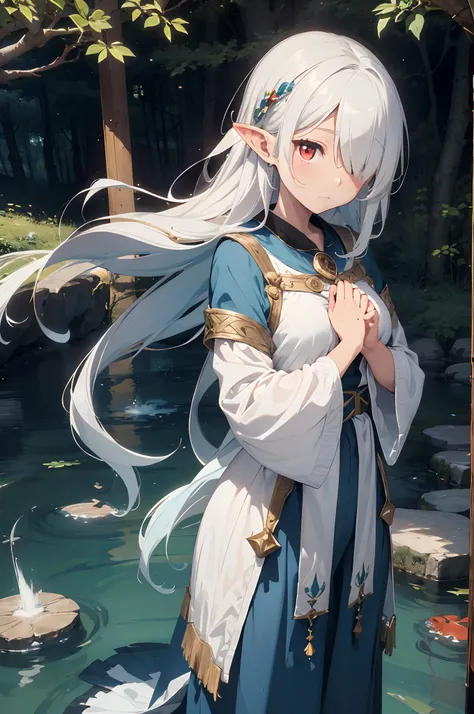 (masterpiece), elf ears, 1 young girl, high quality, ((red eyes)), (hair over one eye, long, white hair), shy ,((fantasy light blue druid outfit)), druid long pants, standing, plain background, (((hair over one eye))), praying hands, light blue and white d...