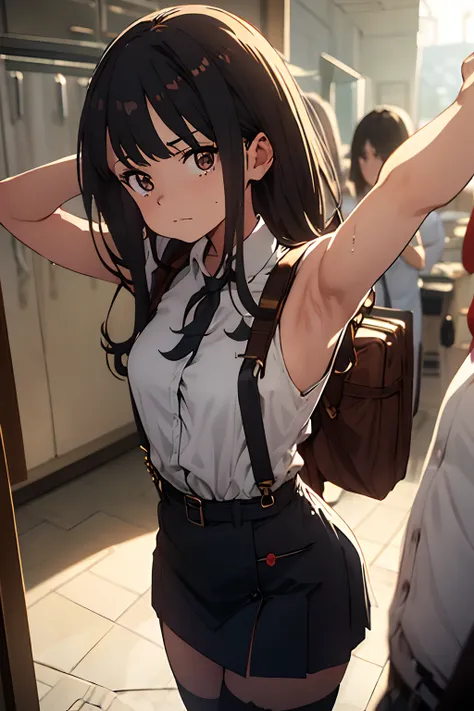 ​masterpiece、flat-colors、depth of fields、lens flare 1 girl、、Brown hair、watching at viewers　　　black suspenders　　　large full breasts　　　 　 Armpit sweat　perspiring　Side of both hands　　walls: 　Black miniskirt　garters　　　　　　Gaze　　　Small face　Bangs Upper Eyes　flan...