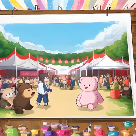 Draw a picture of a festival full of cute bears