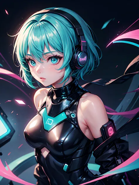 1girl in, android, Cyberpunk, Cyan hair, cyan eyes, Short hair, White breastplate, Black headphones, Mechanical black glossy metallic Bodysuit, Bare shoulders, Glossy, shiny material,