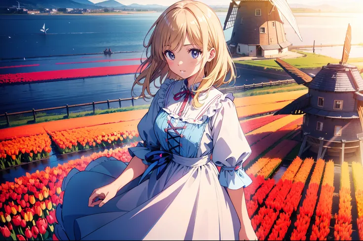 1 cute girl , (Dutch clothing ), cowboy shot, character focus, windmill , river, (tulip field), (from above:0.7),(wide shot:0.8), cinematic lighting , ((masterpiece)), ((best quality)), ((ultra-detailed)), (illustration), ((an extremely delicate and beauti...