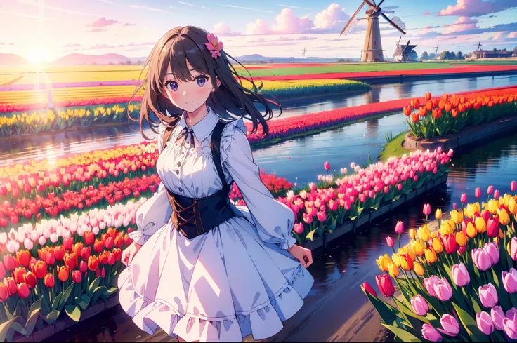 1 cute girl , (Dutch clothing ), cowboy shot, character focus, windmill , river, (tulip field), (wide shot:0.8), cinematic angle, cinematic lighting , ((masterpiece)), ((best quality)), ((ultra-detailed)), (illustration), ((an extremely delicate and beauti...