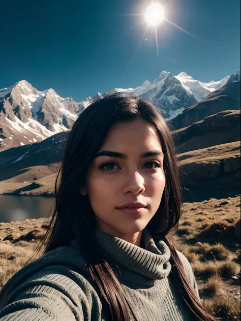 1 woman, American, beautiful, ((upper body selfie, happy)), Filming in a tent, Beautiful backlight, Tent Open Sign,Masterpiece, Best Quality, Ultra-detailed, Solo, exteriors, (natta), mountains, Nature, (sao, the moon) cheerful, happy,, Cosy in a sleeping ...