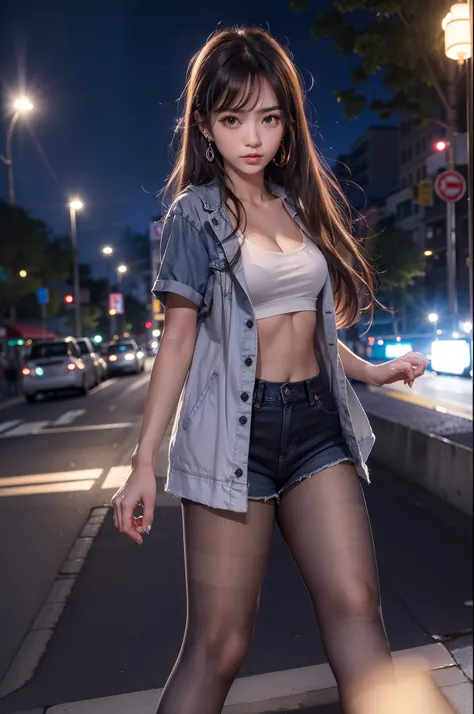 of the highest quality, masutepiece, Ultra high definition, (Real: 1.4), Original photo, (Evening Street), 1 girl, Black eyes, gaze at the audience, Long hair, Light makeup, Lips, small ears, White T-shirt, Denim shorts, (Ultra-realistic pantyhose:1.2), ea...