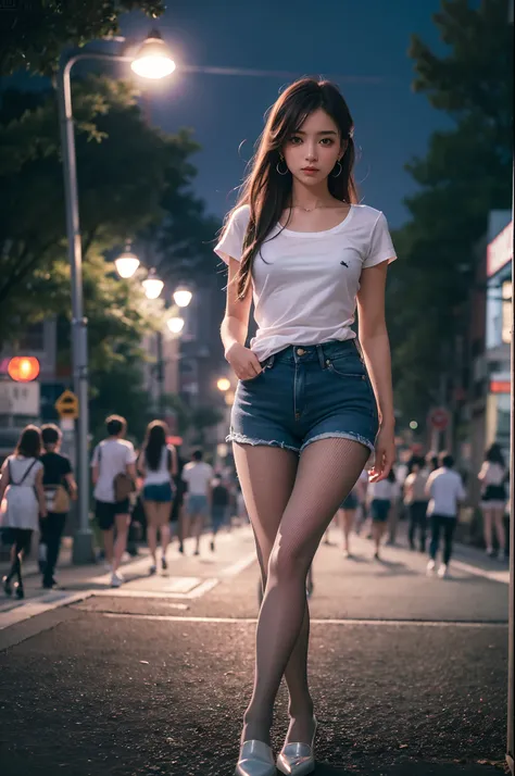 of the highest quality, masutepiece, Ultra high definition, (Real: 1.4), Original photo, (Evening Street), 1 girl, Black eyes, gaze at the audience, Long hair, Light makeup, Lips, small ears, White T-shirt, Denim shorts, (Ultra-realistic pantyhose:1.2), ea...