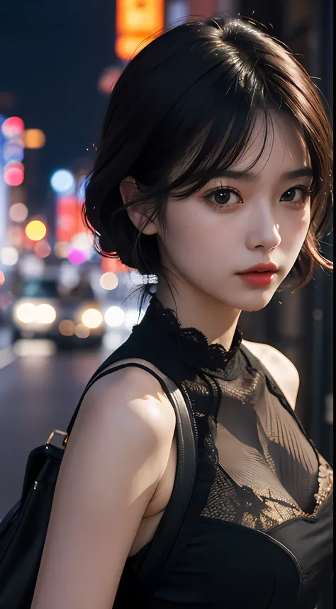 1girl, Tokyo street,night, cityscape,city lights, upper body,close-up, 8k, RAW photo, best quality, masterpiece,realistic, photo-realistic,