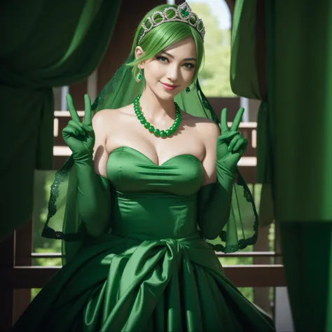 emerald tiara, Green Pearl Necklace, Boyish very short green hair, lipsticks, Japan woman smiling, very short short hair,  big breasts beautiful, Green eyes, Long green gloves made of satin material, Green eyes, Emerald Earrings, green vale, v sign